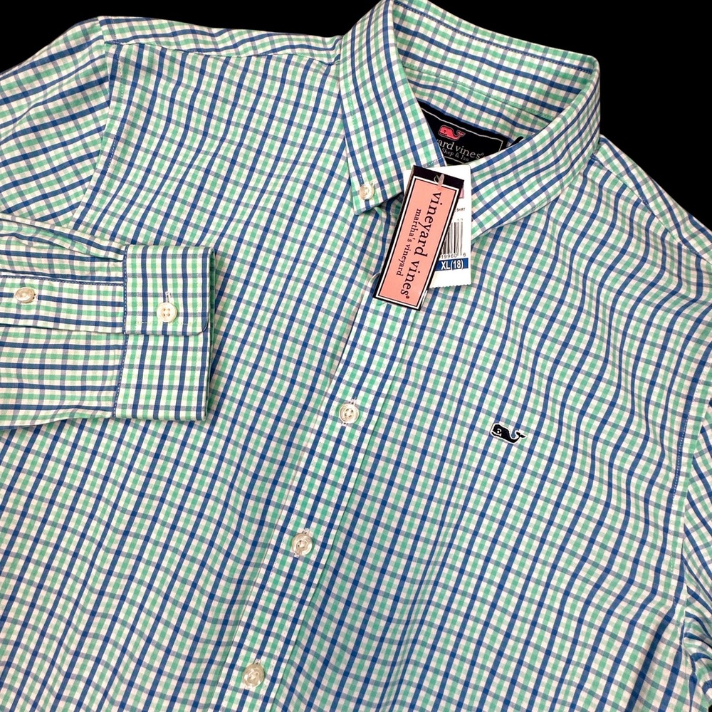 Vineyard Vines Whale‎ Shirt Kids Boys Size XL Capri Blue Tipsy Turtle Check NEW
